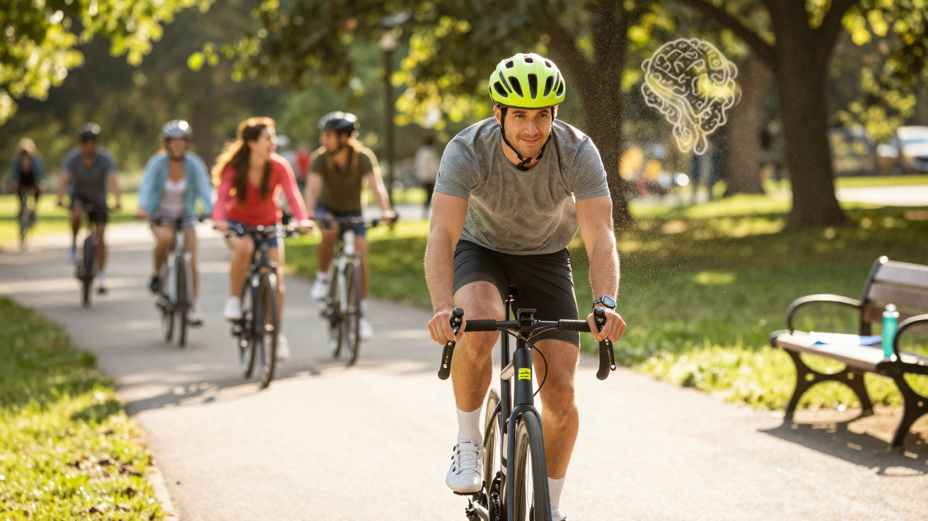 Homem com capacete andando de bicicleta em parque com outras pessoas ao fundo em dia ensolarado.