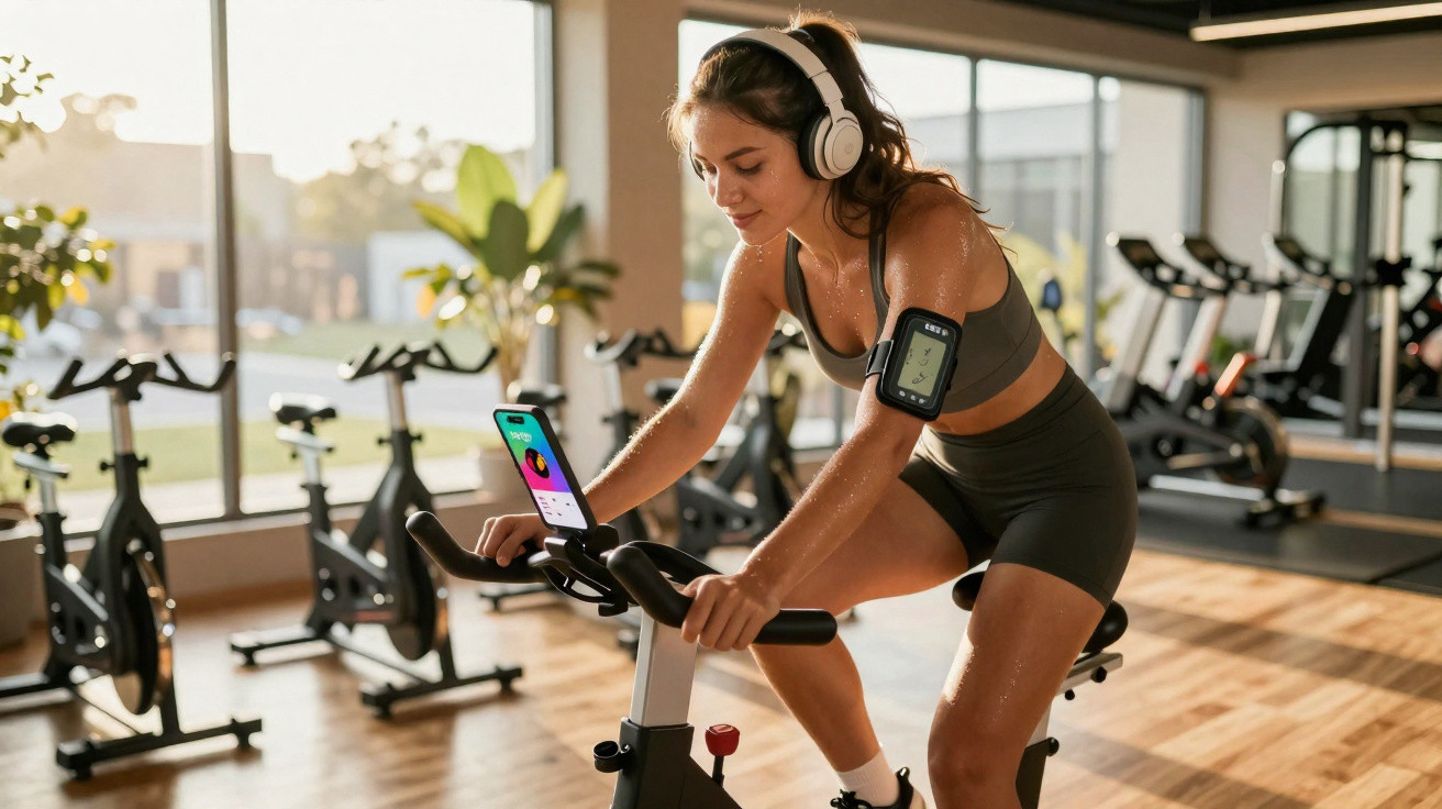 Mulher jovem pedala em bicicleta ergométrica na academia usando fones e monitor cardíaco no braço.