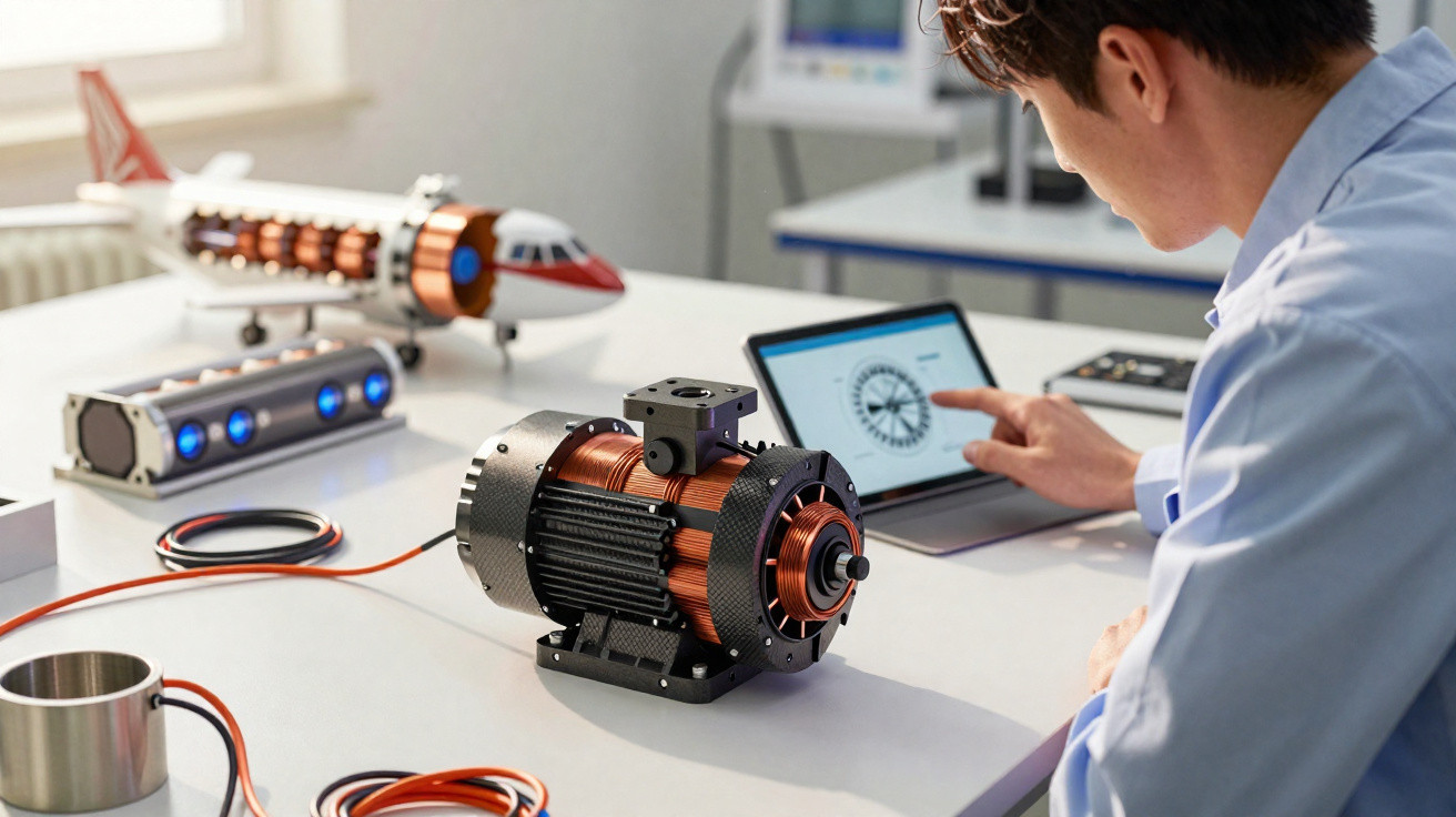 Engenheiro analisando motor elétrico em bancada com modelo de avião e equipamentos técnicos ao fundo.