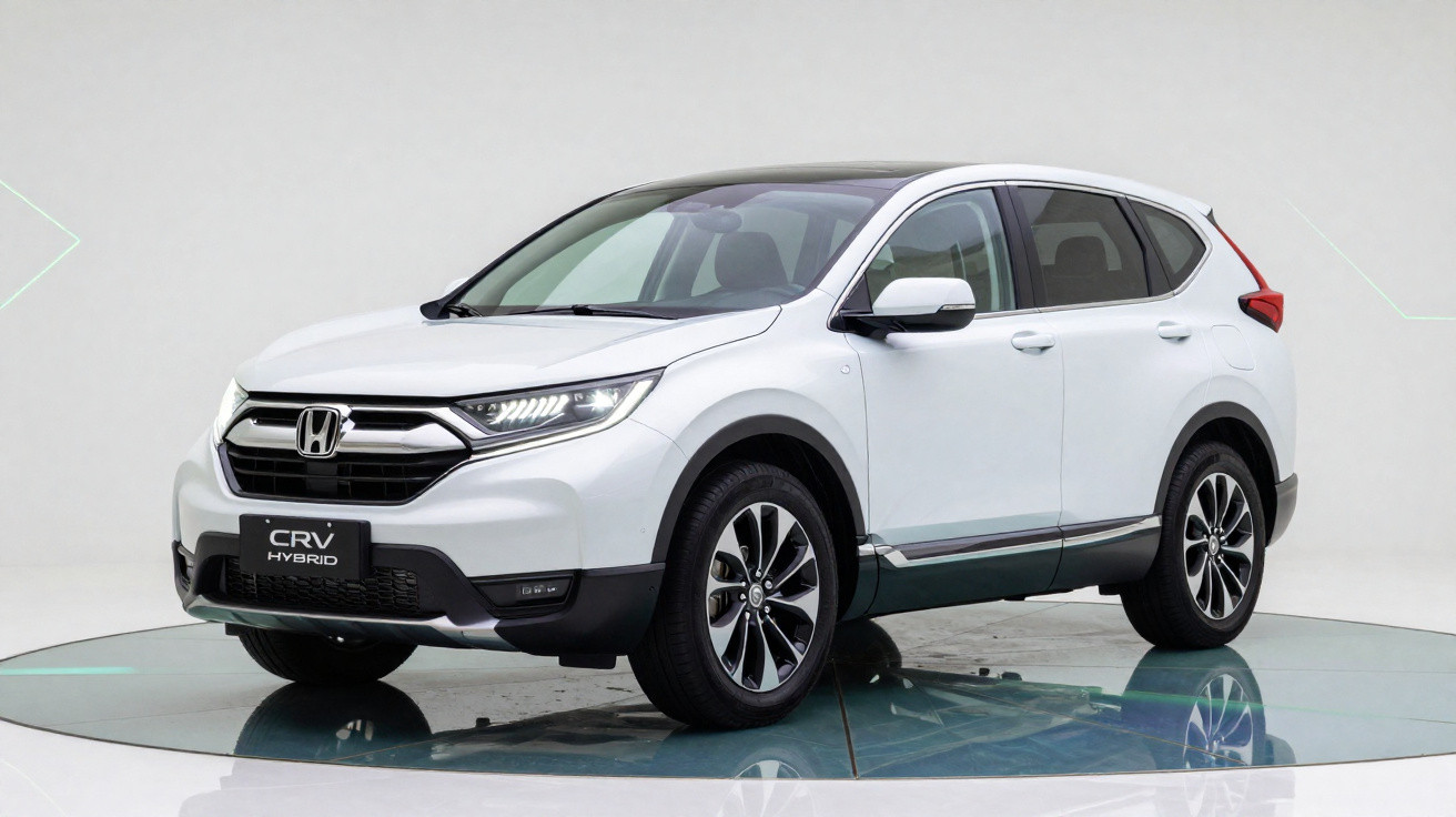 Carro Honda CR-V Hybrid branco visto de frente em estúdio com fundo neutro.