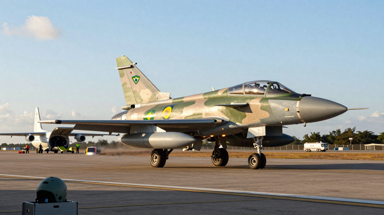 Caça militar camuflado da Força Aérea Brasileira taxiando em pista de aeroporto ao entardecer.