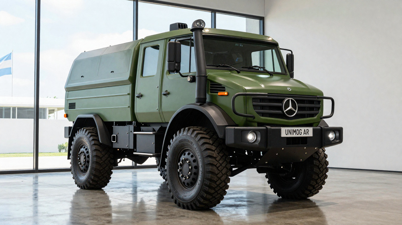 Caminhão Mercedes-Benz Unimog AR verde militar estacionado em piso interno com grandes janelas ao fundo.