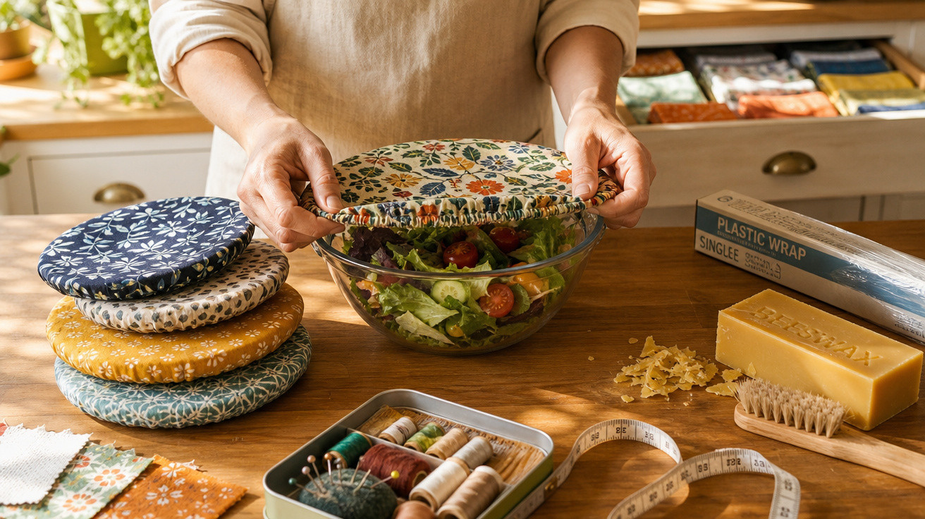 Pessoa cobrindo salada com tampa de cera reutilizável em mesa com itens de costura e cera natural.
