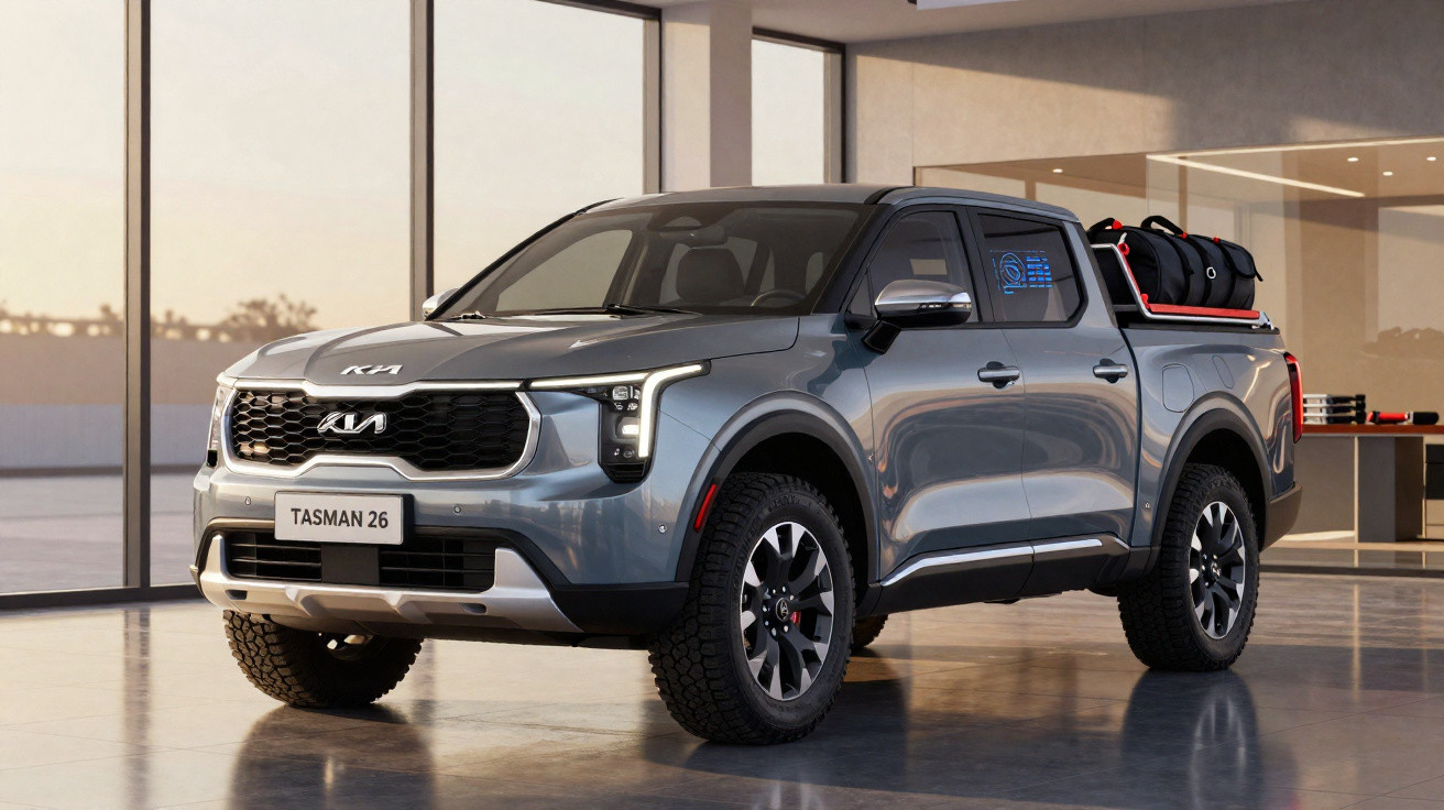 Picape elétrica cinza Kia Tasman 26 estacionada em ambiente interno moderno e espaçoso.