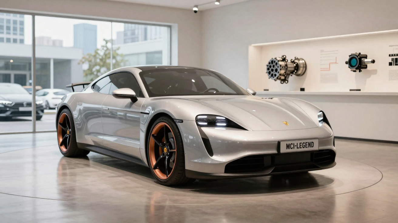 Carro esportivo elétrico prateado Porsche Taycan em exposição interna, com rodas de detalhes em cobre.