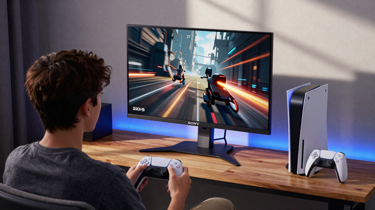 Jovem jogando videogame em monitor Sony com controle e console PlayStation 5 em mesa de madeira.