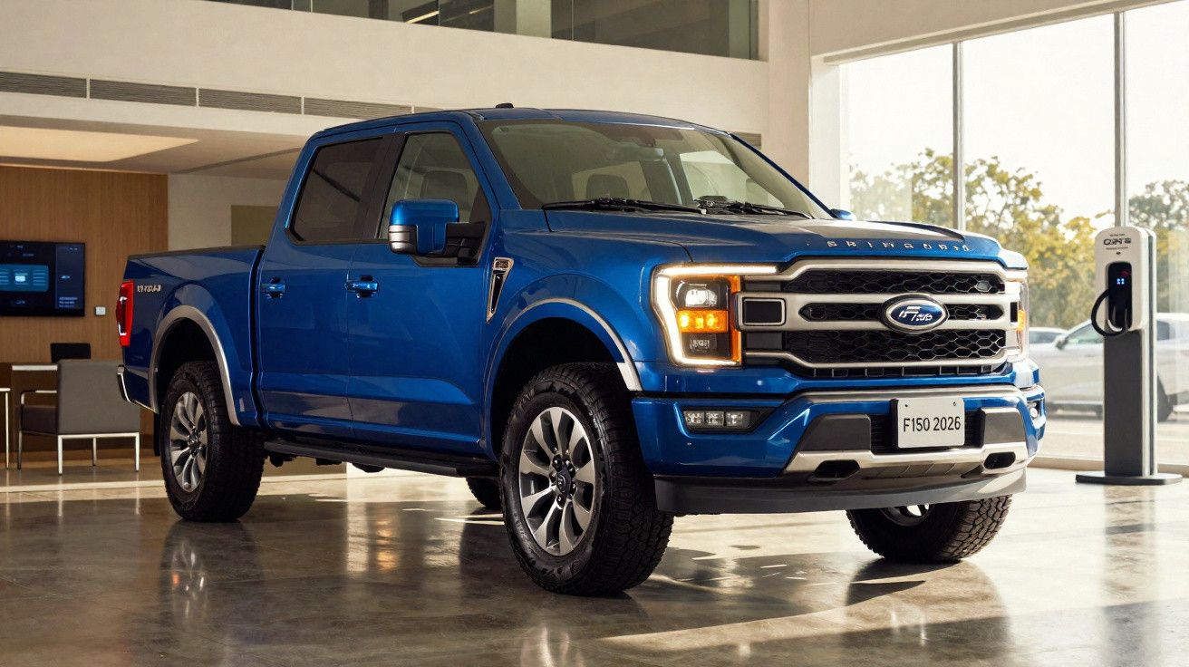 Picape Ford F-150 azul 2026 em exposição interna com carregador elétrico ao fundo.