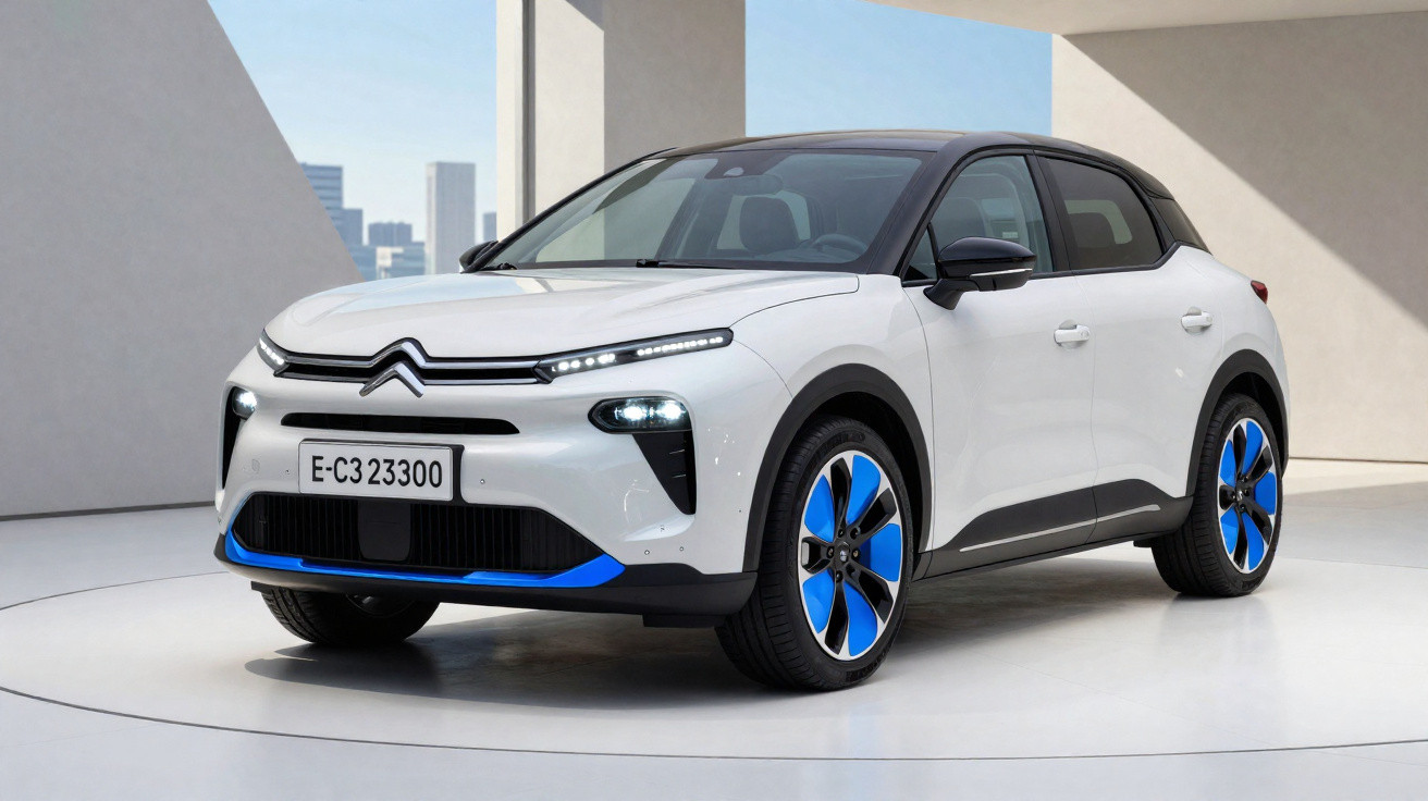 Carro elétrico Citroën C3 em branco com detalhes azuis em ambiente interno moderno.