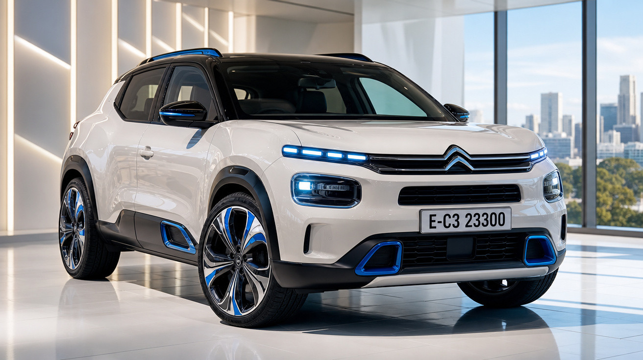 Carro Citroën branco com detalhes azuis exibido em ambiente interno moderno e iluminação suave.
