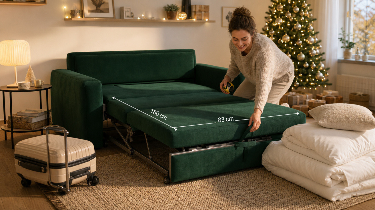 Mulher abrindo sofá-cama verde com medidas em centímetros em sala decorada para Natal.