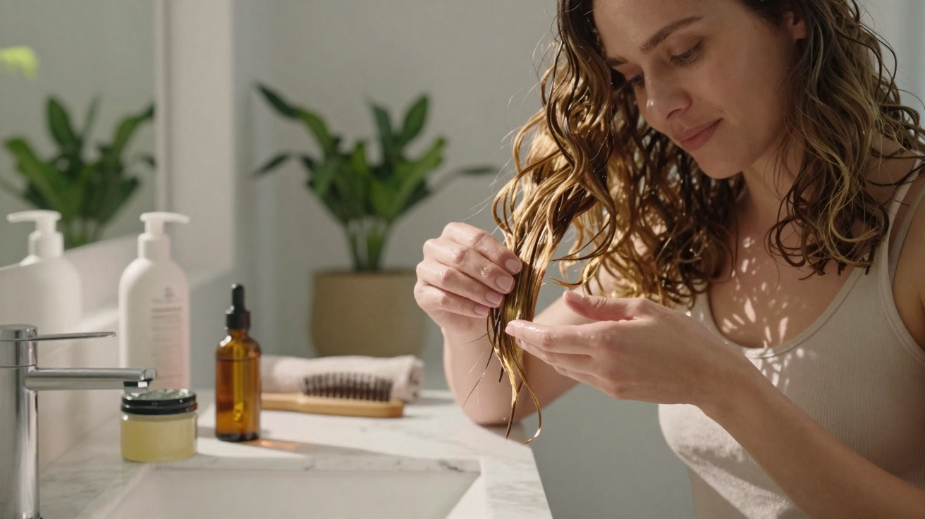 Mulher aplicando produto nos cabelos molhados em banheiro com plantas ao fundo.