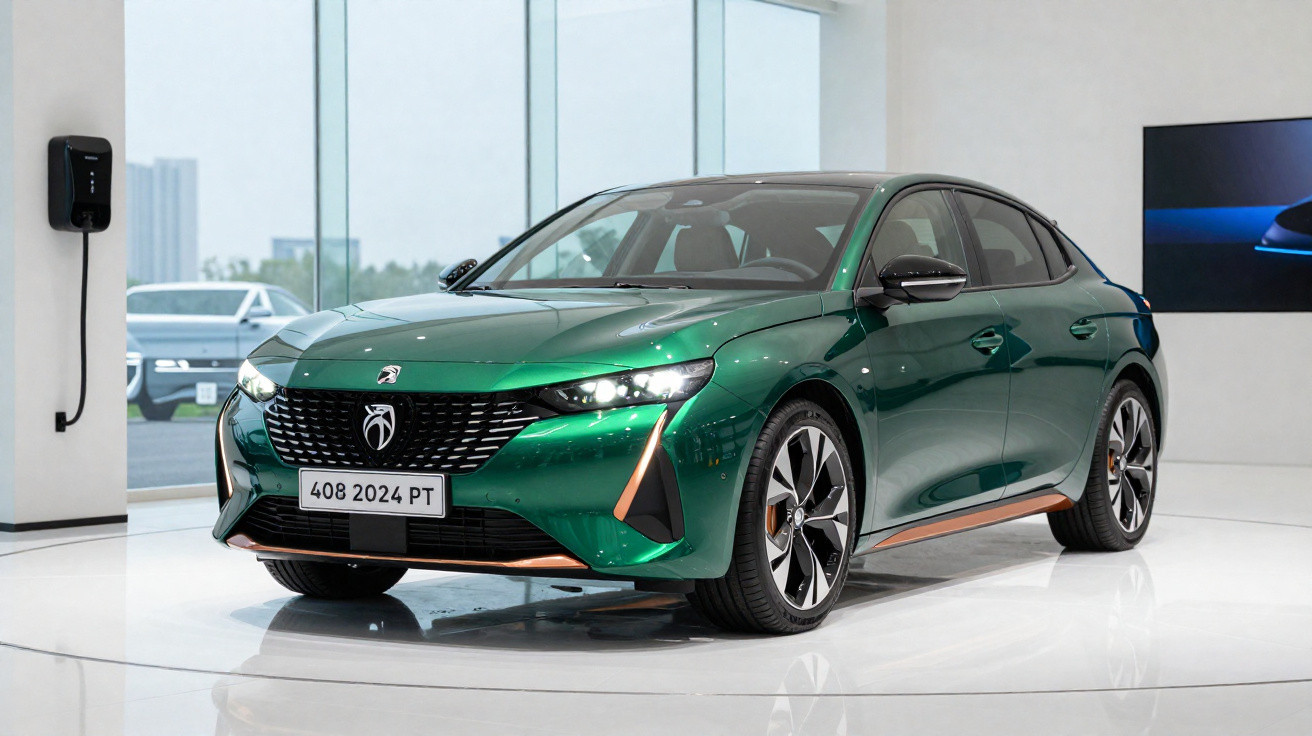 Carro esportivo verde metálico Peugeot 408 2024 em exposição em ambiente interno moderno.