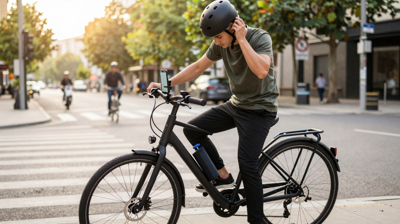 Jovem com capacete ajusta fone de ouvido enquanto se prepara para pedalar bicicleta elétrica na cidade.