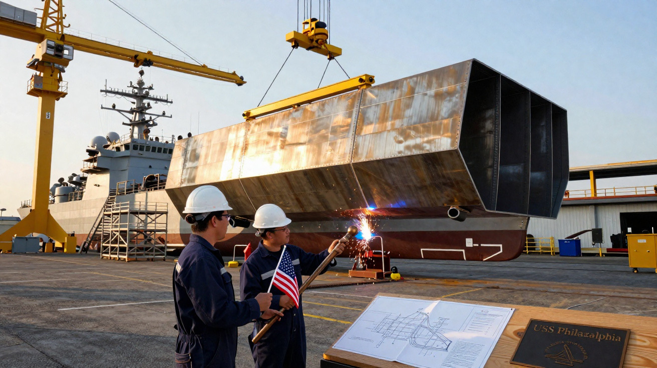 Dois trabalhadores com capacetes operam maquinário ao ar livre perto de estrutura metálica e plano do USS Philadelphia.