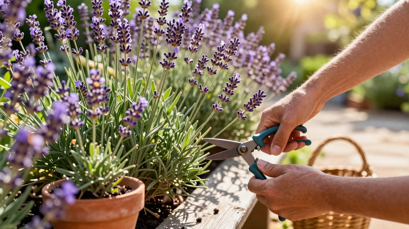 Pessoa podando flores de lavanda em vaso em jardim ensolarado com tesoura de poda azul.