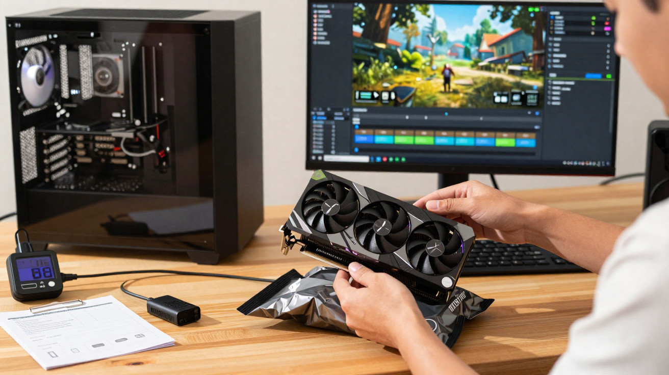 Pessoa segurando placa de vídeo em frente a computador aberto e monitor com jogo na tela.