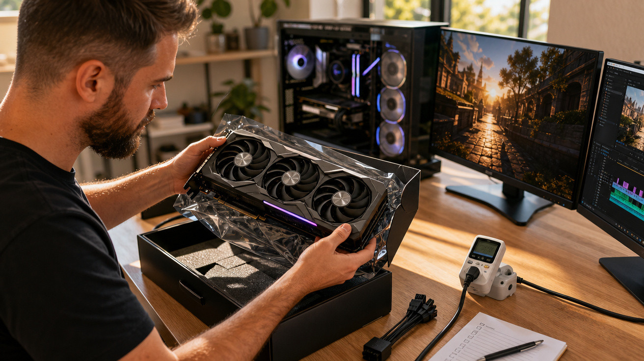 Homem segurando placa de vídeo nova perto de computador e dois monitores em mesa de madeira.