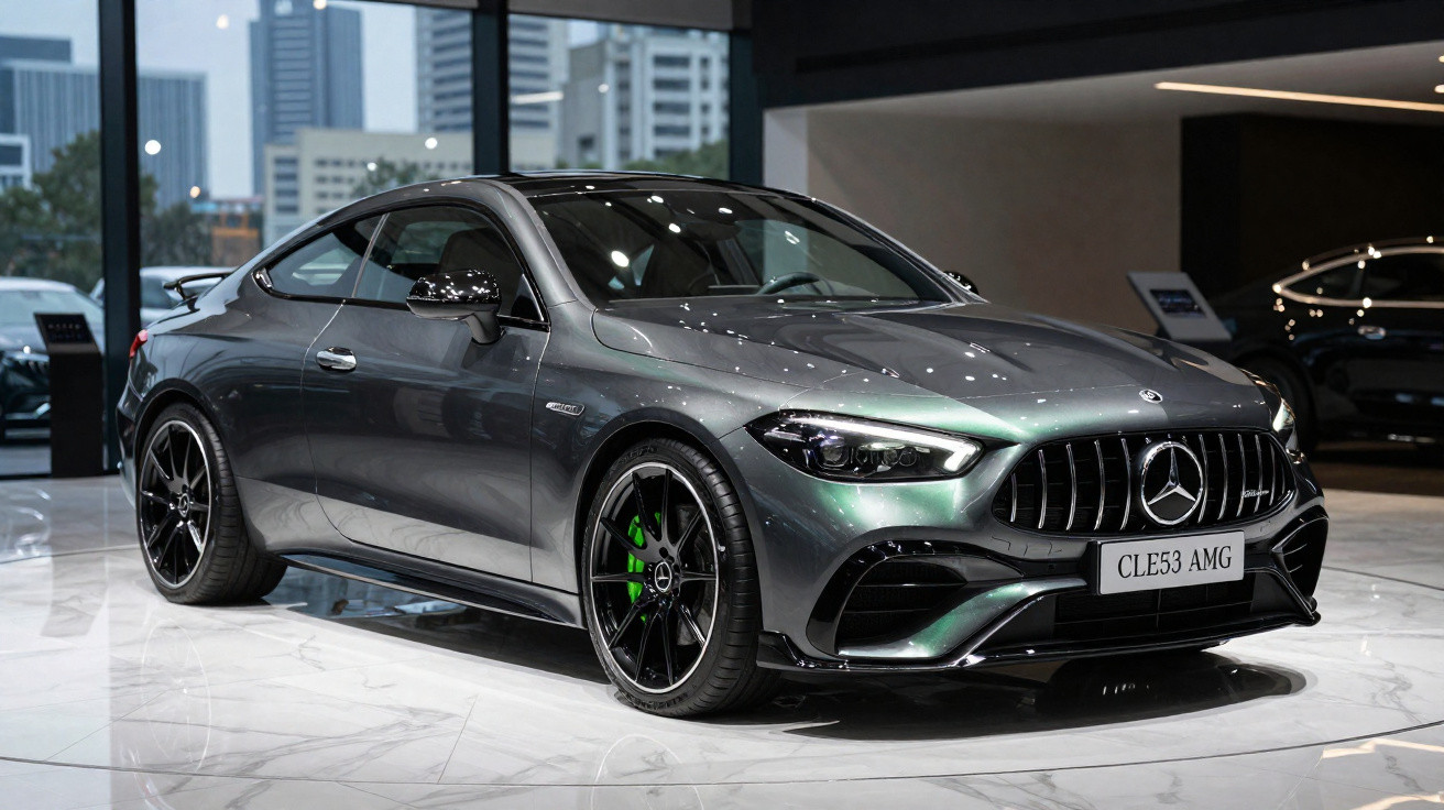Mercedes-Benz AMG cinza metálico em exposição, com detalhes em preto e freios verdes.