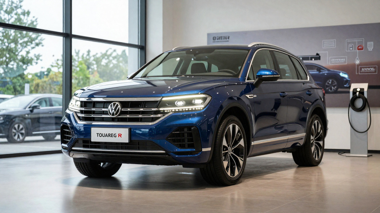 Carro SUV Volkswagen Touareg R azul em exposição em showroom moderno.