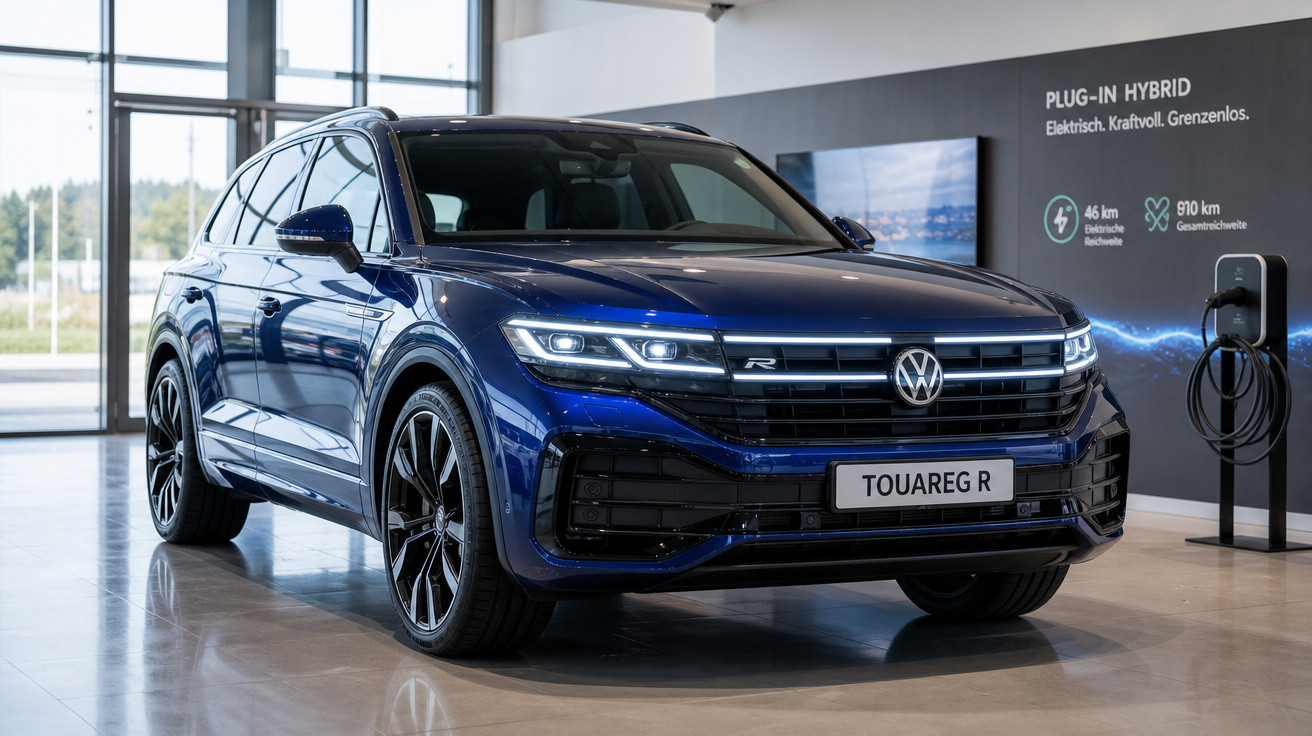 SUV Volkswagen Touareg R azul plug-in híbrido em exposição em showroom moderno.