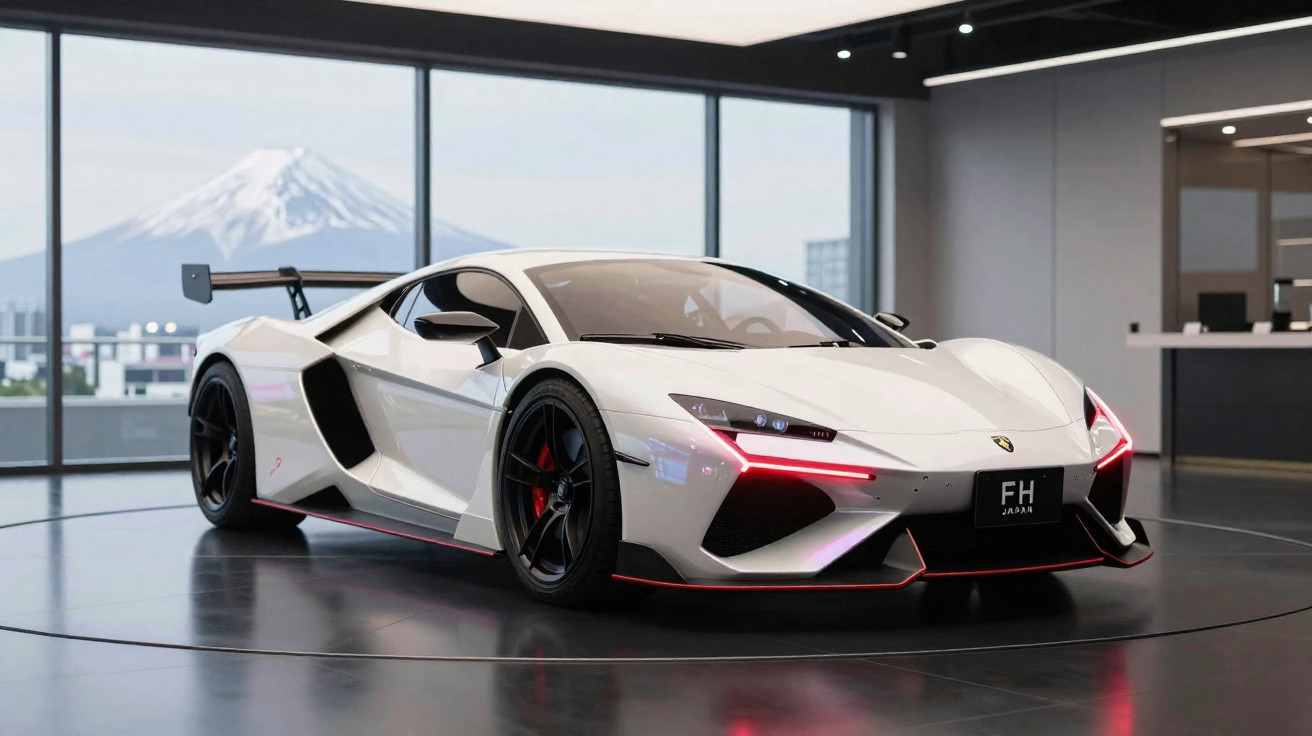 Carro esportivo branco com aerofólio exibido em showroom moderno com montanha nevada ao fundo.
