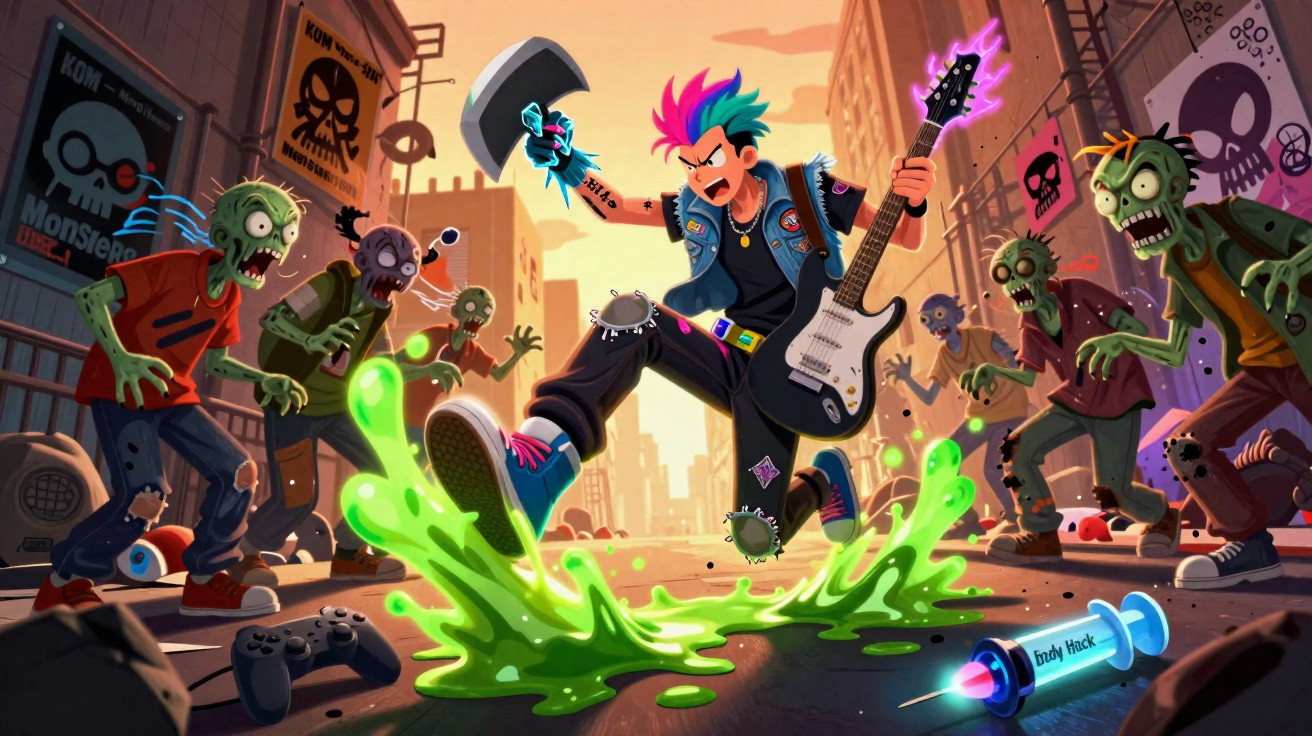 Jovem punk com guitarra enfrenta zumbis em rua urbana com líquido verde brilhante no chão.