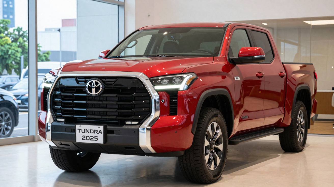Picape Toyota Tundra 2025 vermelha, nova, exibida em showroom moderno.