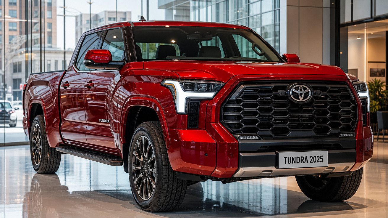 Picape Toyota Tundra 2025 vermelha exibida em showroom moderno com grandes janelas de vidro.
