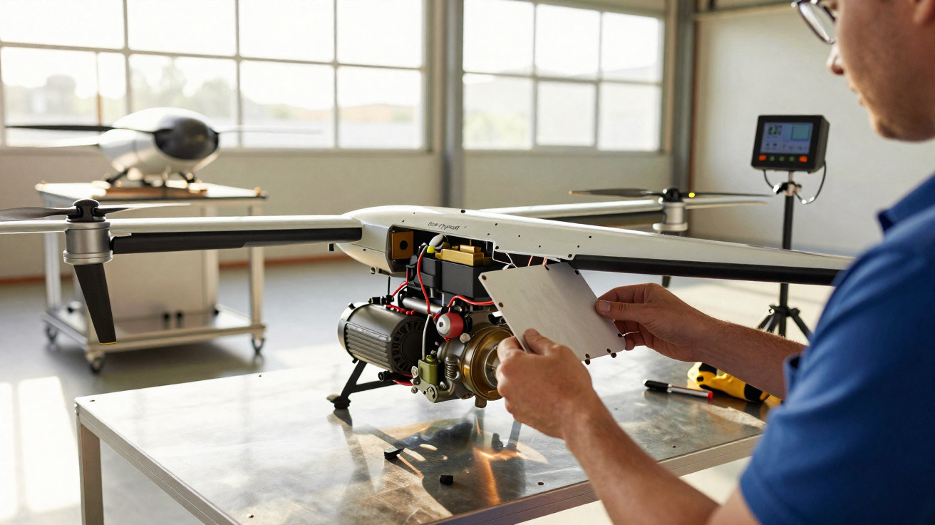 Homem inspeciona componente de drone industrial com hélices em bancada dentro de laboratório.
