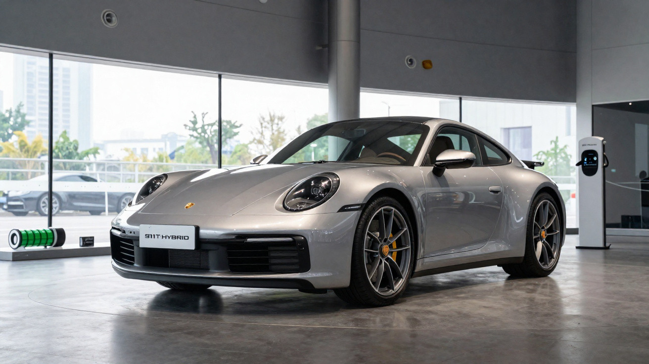 Carro esportivo Porsche 911 Hybrid prata em ambiente interno com parede de vidro e carregador elétrico ao fundo.