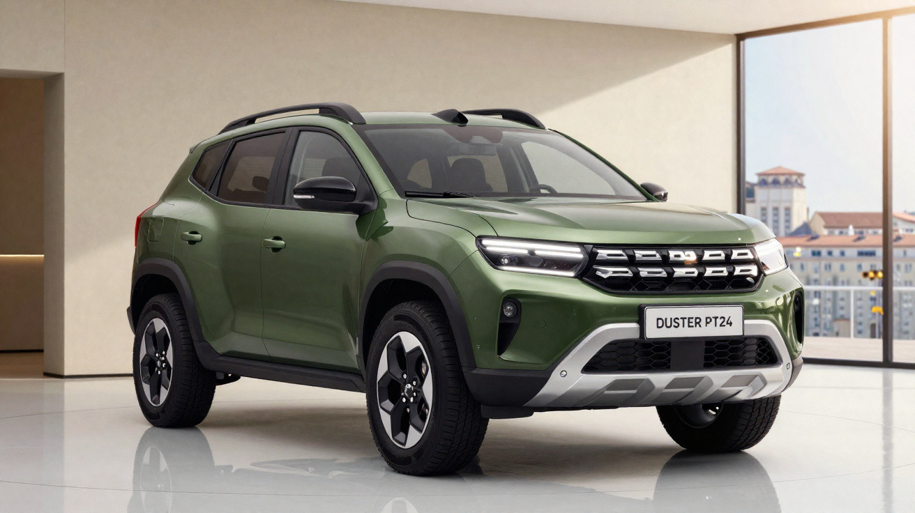 SUV Duster verde militar estacionado em ambiente interno moderno com grandes janelas.