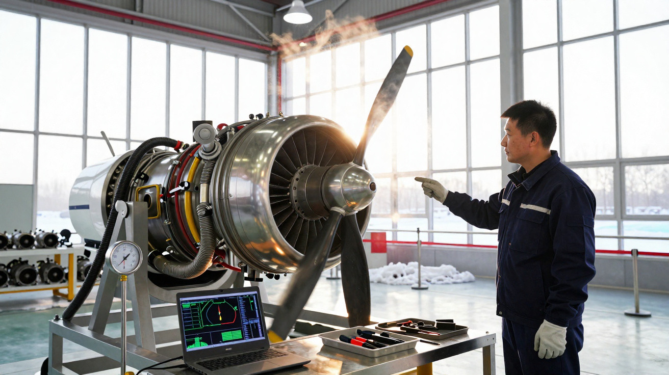 Técnico inspeciona motor a jato com hélice girando em laboratório industrial iluminado por luz natural.