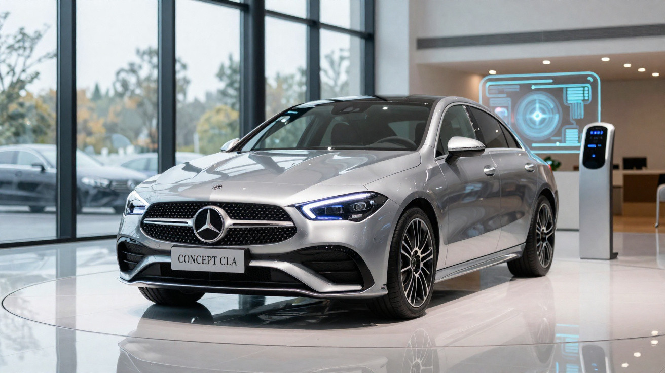 Carro prata Mercedes-Benz Concept CLA em exposição interna com iluminação natural e painel digital ao fundo.