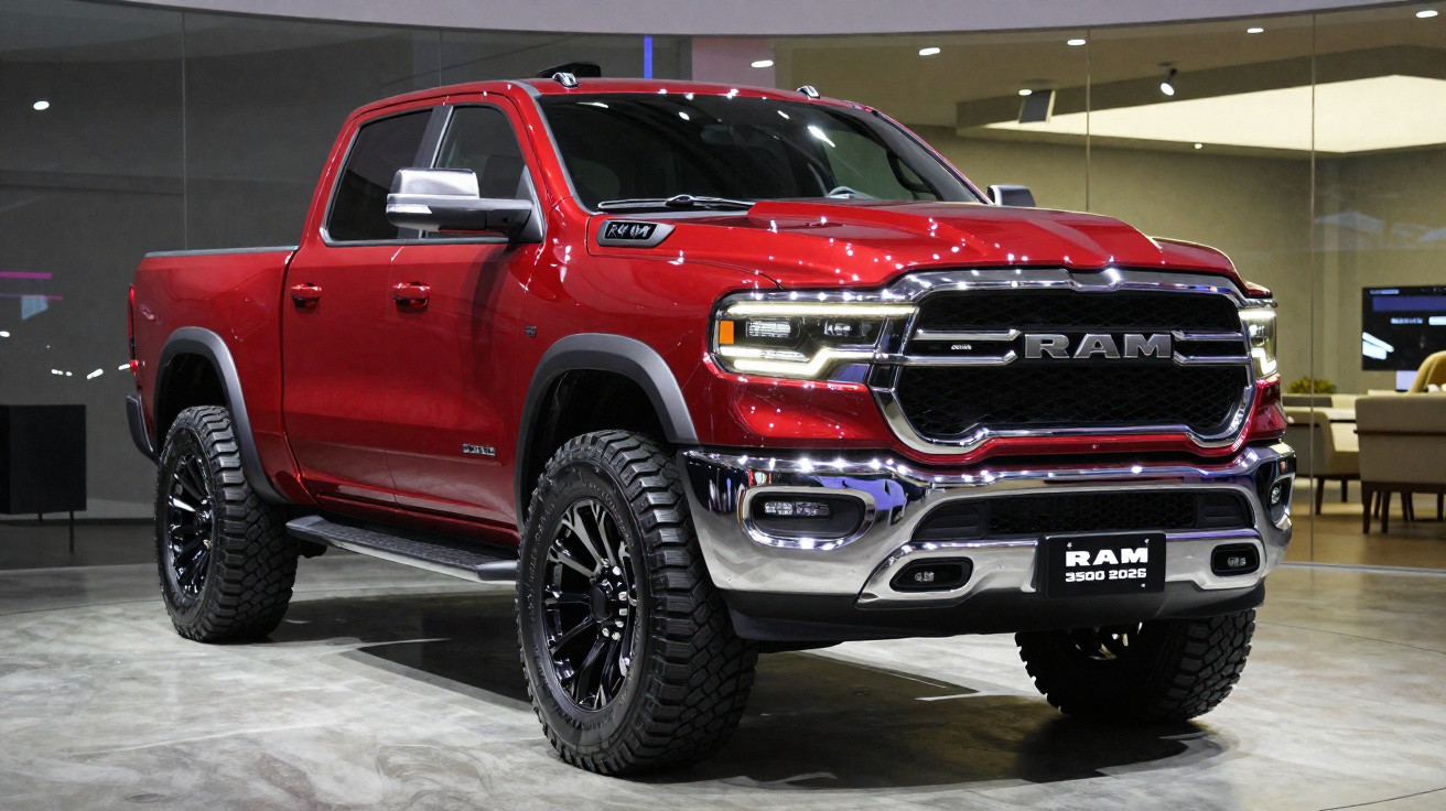 Picape RAM 3500 vermelha 2023 em exposição, com pneus off-road e detalhes cromados.