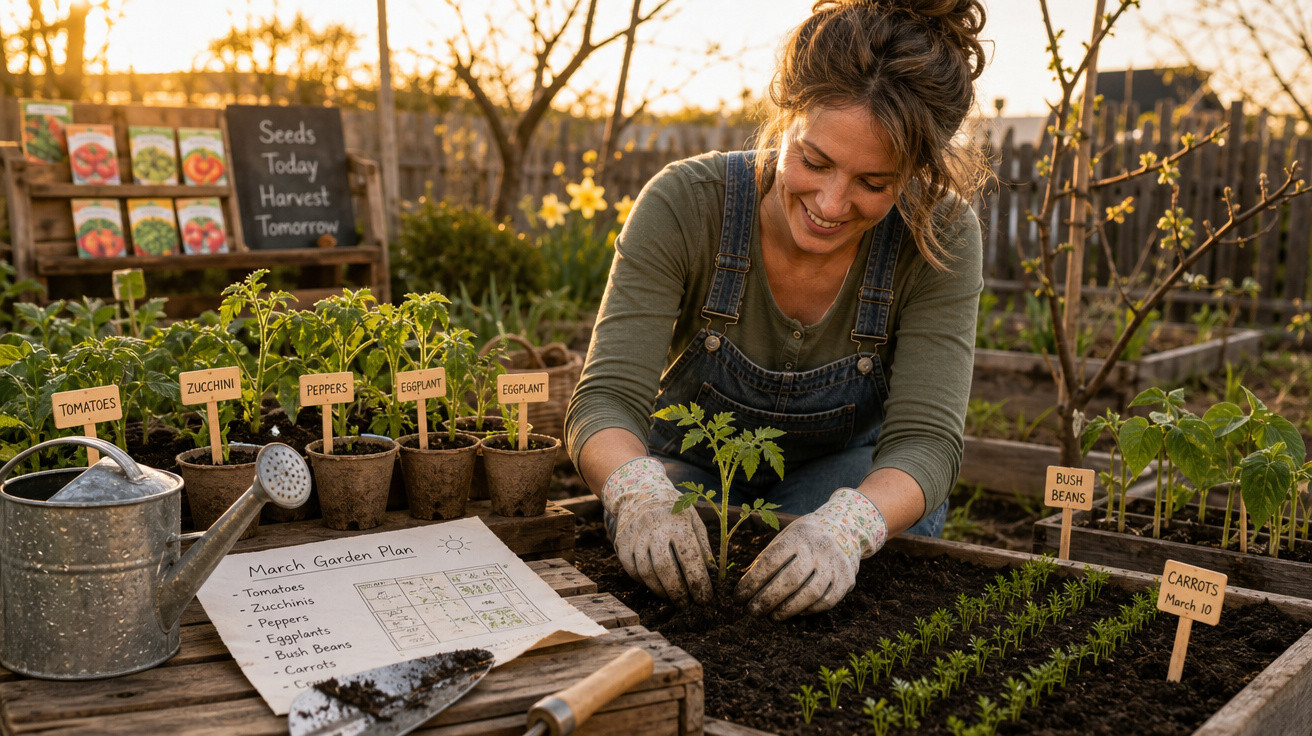 Mulher sorridente plantando muda em horta com etiquetas e plano de plantio ao pôr do sol.