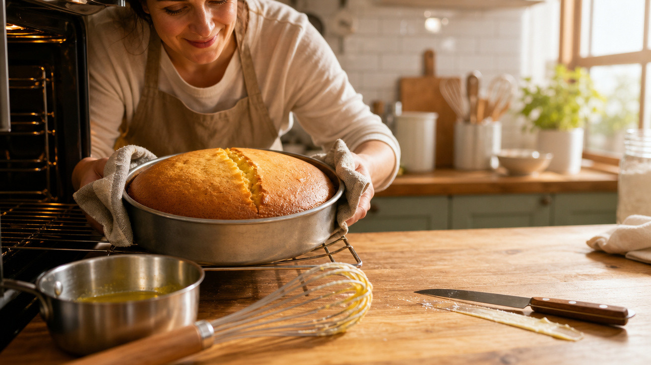 Mulher sorrindo retirando bolo recém-assado do forno em cozinha iluminada e acolhedora.
