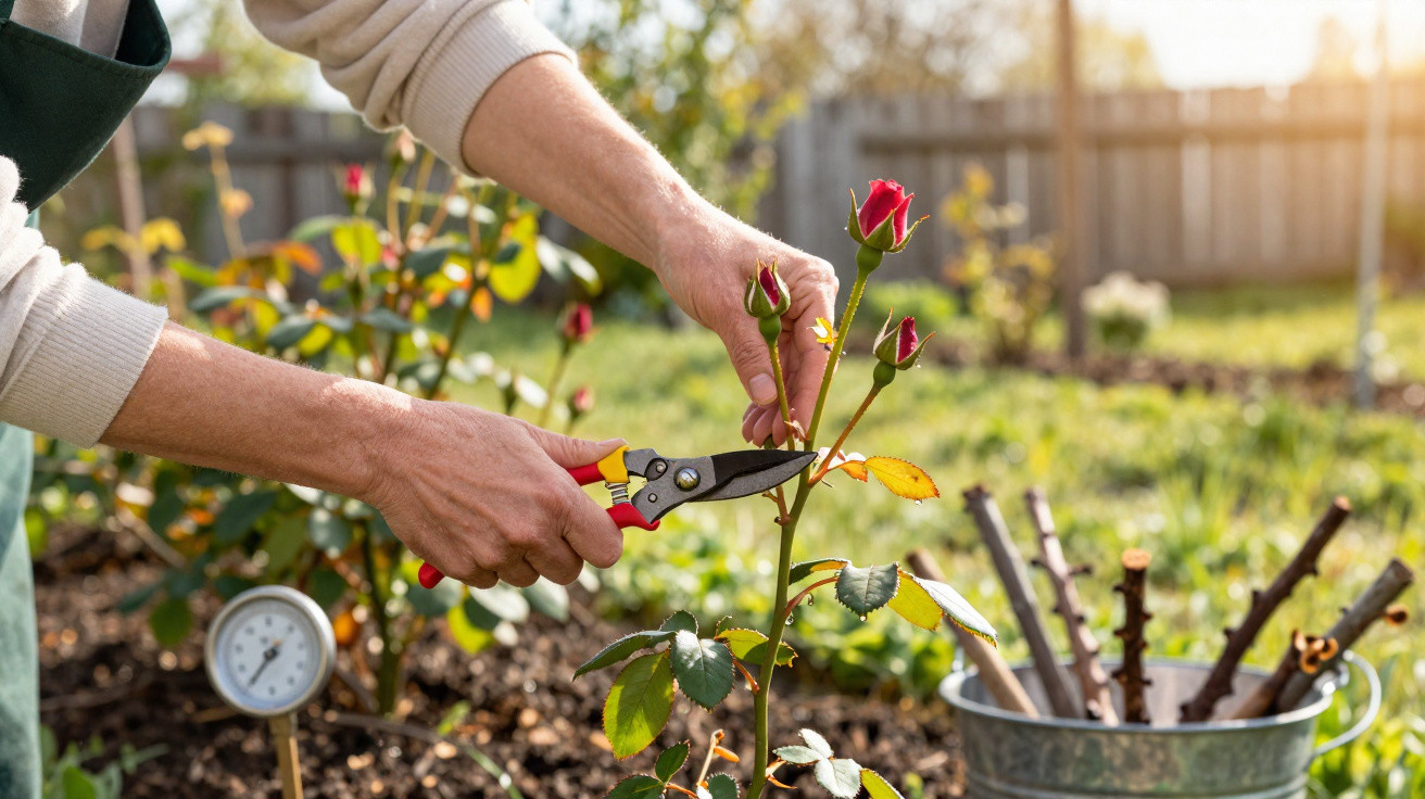 Pessoa podando botões de rosas vermelhas em um jardim ensolarado, com tesoura de poda e regador ao lado.