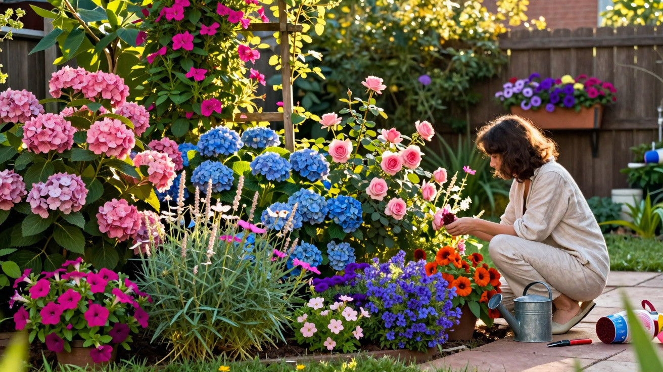 Mulher cuidando de flores coloridas em jardim ensolarado com regador e ferramentas ao lado.
