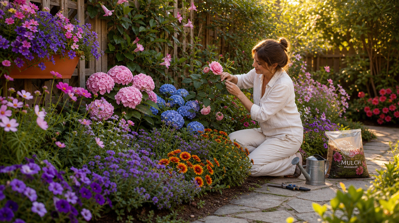 Mulher cuidando de flores coloridas em jardim ao ar livre ao entardecer, com regador e ferramentas ao lado.