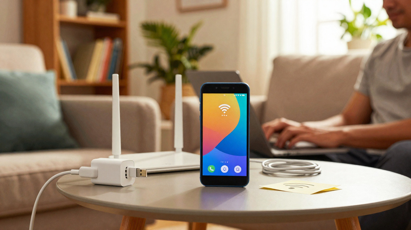 Mesa com smartphone mostrando sinal de Wi-Fi, roteador e pessoa digitando em notebook ao fundo.