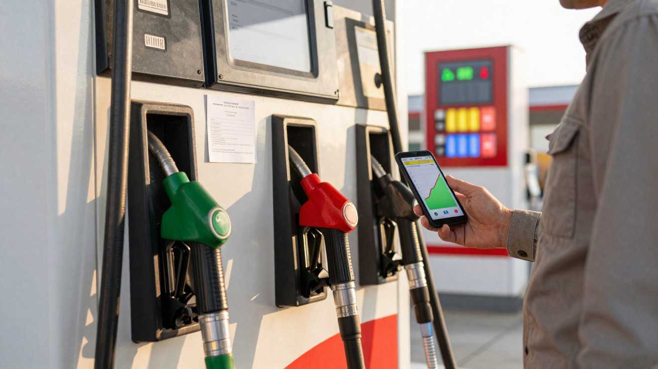 Bomba de combustível com bicos verde, vermelho e preto, e pessoa segurando smartphone com gráfico.