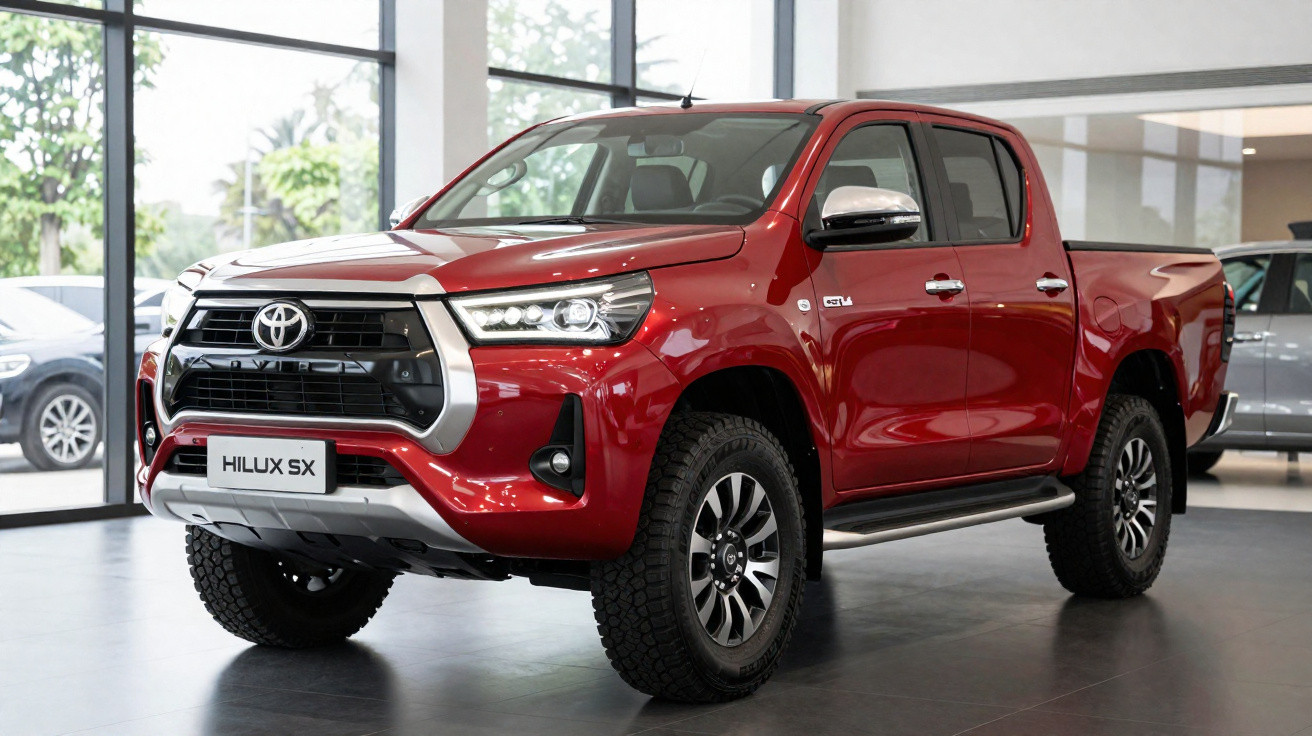Picape Toyota Hilux SX vermelha exibida em showroom moderno.