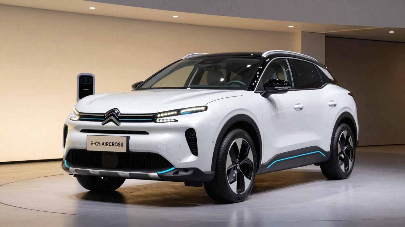 Carro elétrico Citroën E-C5 Aircross branco, estacionado em ambiente interno com iluminação suave.