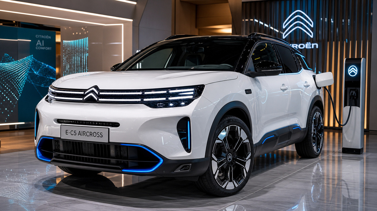 Carro elétrico branco Citroën E-C5 Aircross em exposição, carregando em estação de recarga interna.