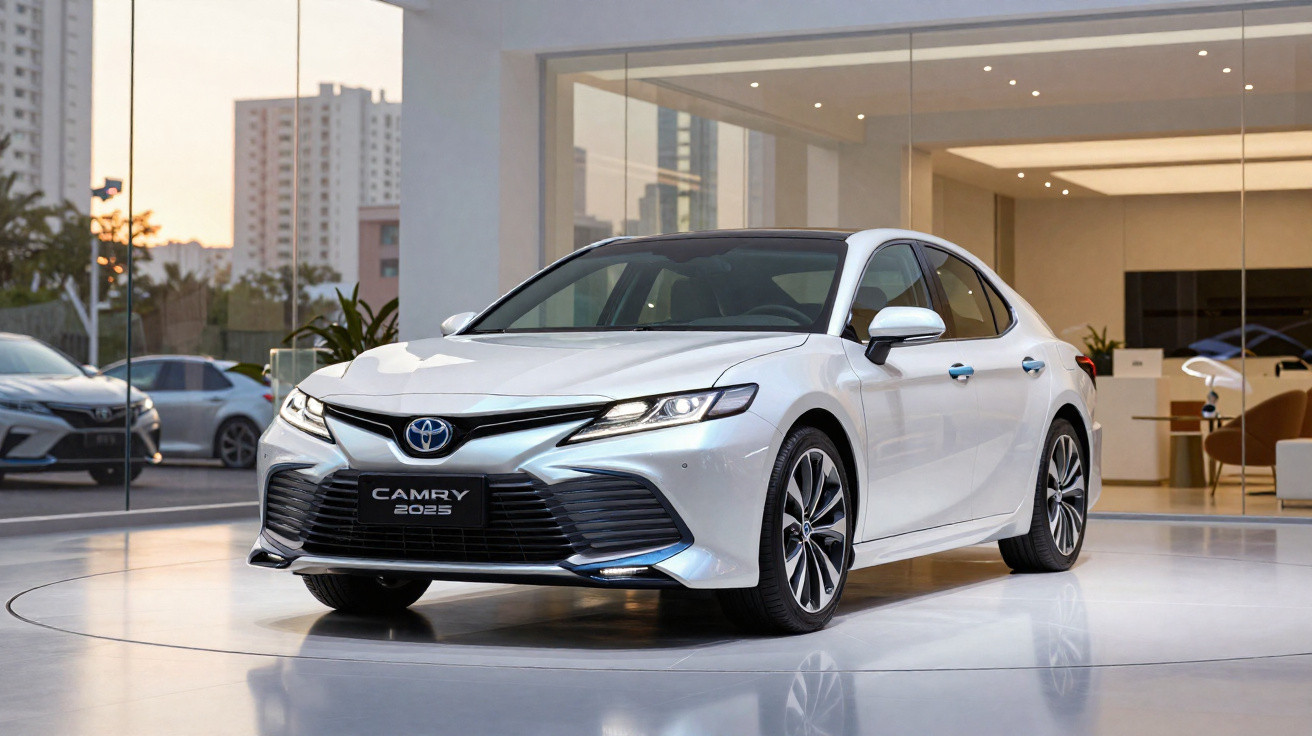 Carro branco Toyota Camry 2025 em showroom moderno com piso reflexivo e grande porta de vidro.
