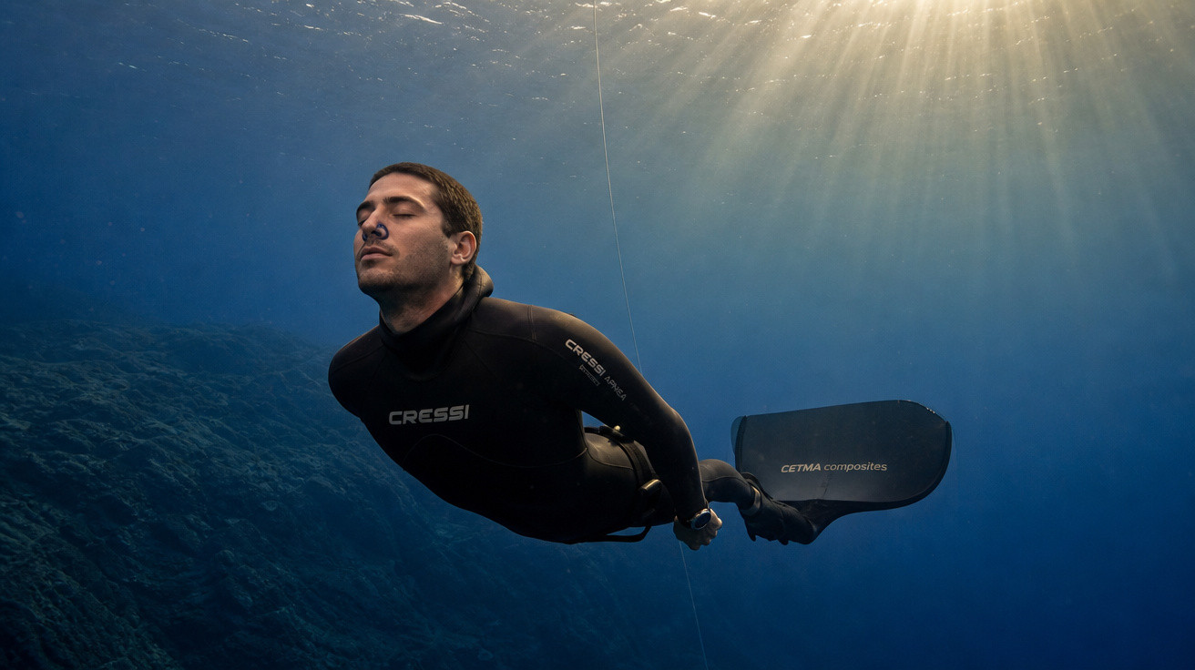 Mergulhador em traje de neoprene preto e nadadeiras, submerso em águas claras com raios de sol entrando.