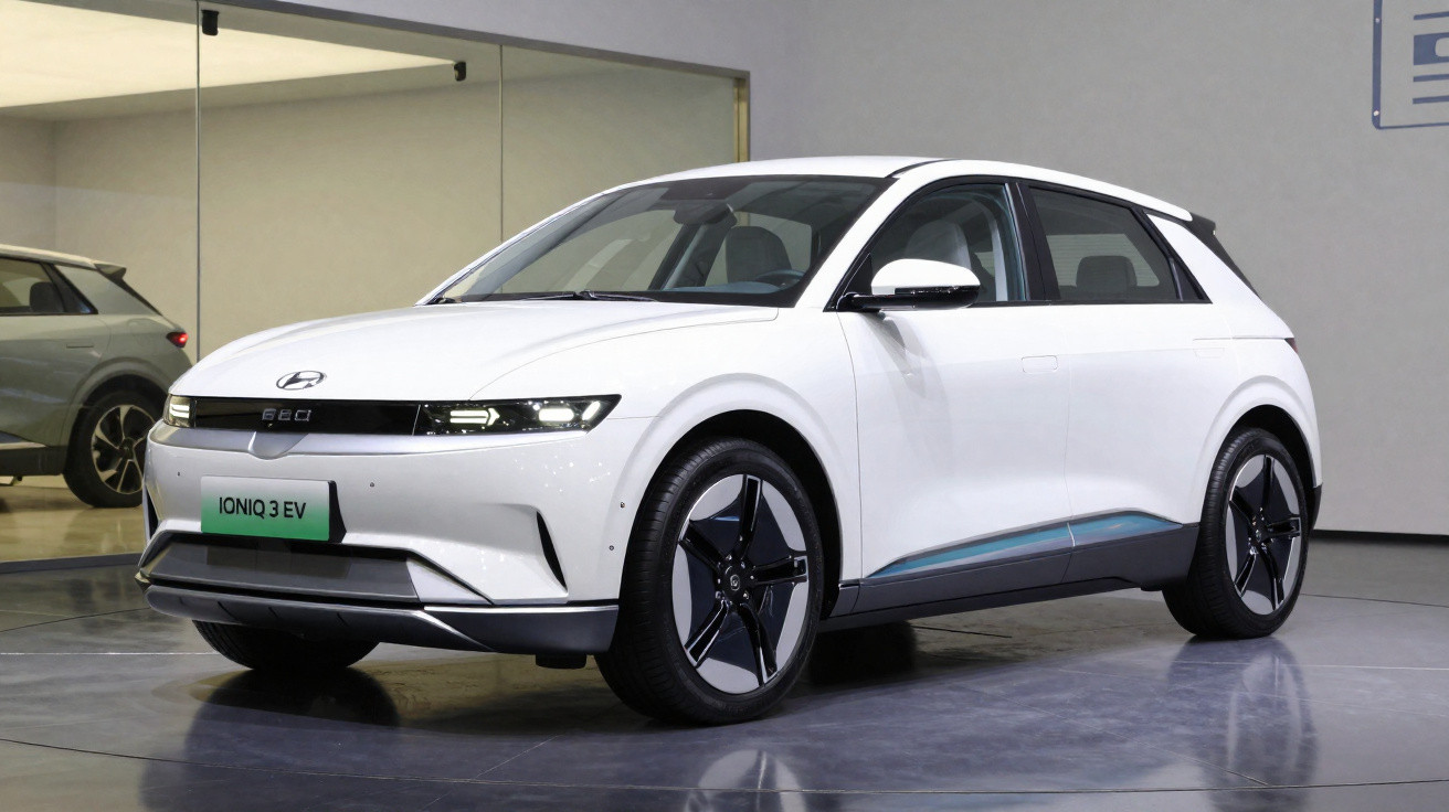 Carro elétrico branco Hyundai Ioniq 3 EV em exibição interna, com design moderno e rodas pretas.