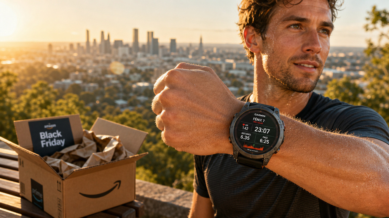 Homem ao ar livre mostrando relógio Garmin Fenix com caixa da Amazon e cenário urbano ao fundo no pôr do sol.