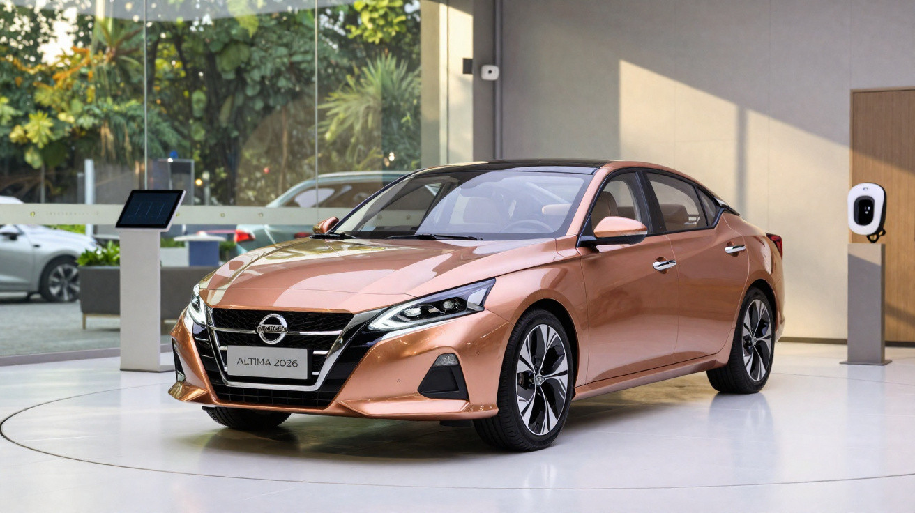 Carro sedã Nissan Altima 2026 bronze exposto em showroom moderno com paredes de vidro.