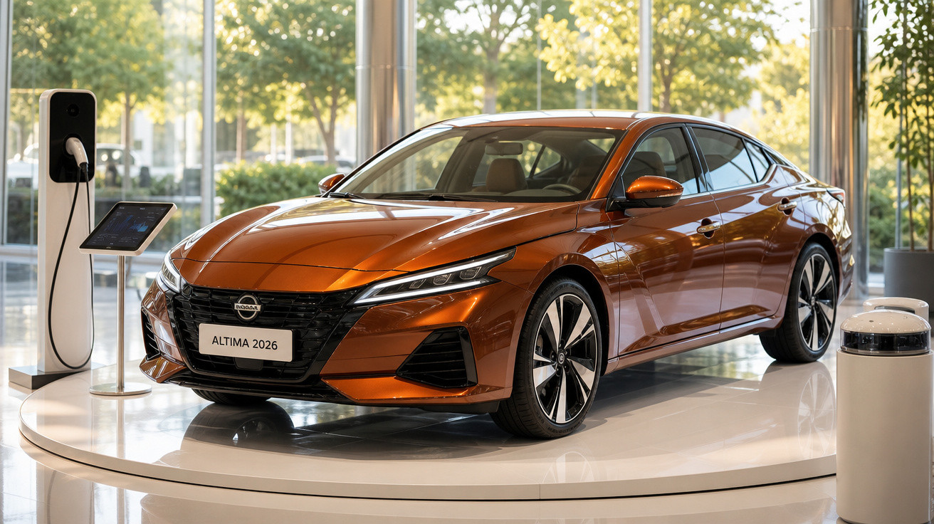Carro sedan Nissan Altima 2026 laranja exibido em plataforma giratória dentro de showroom com painéis de vidro.